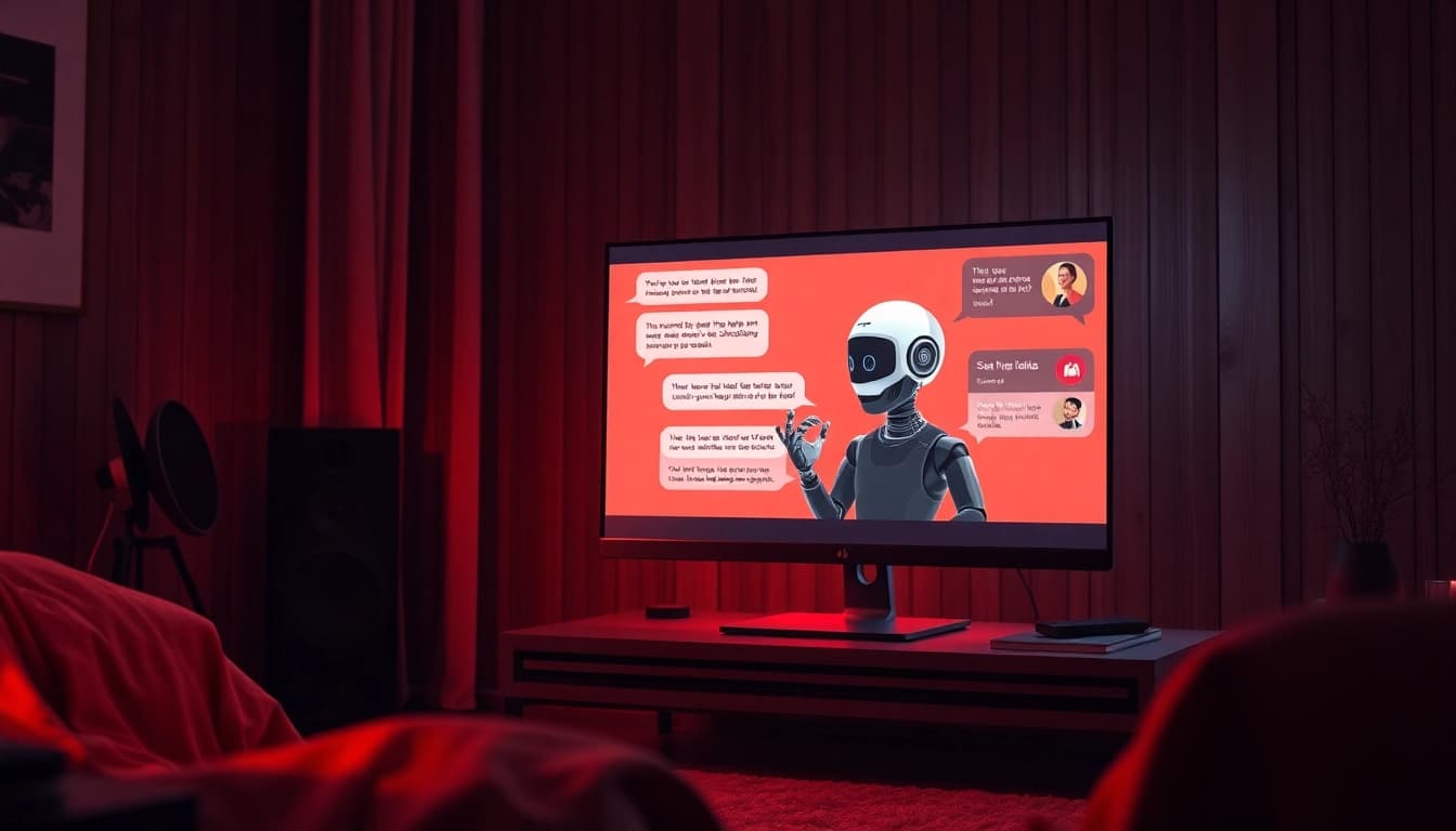 Engaging in a stimulating sex ai chat with an animated AI character in a cozy setting.