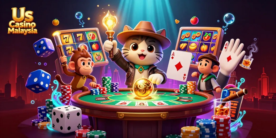 Experience thrill at Us Casino Malaysia with an archaeologist cat and monkey amid slot games.