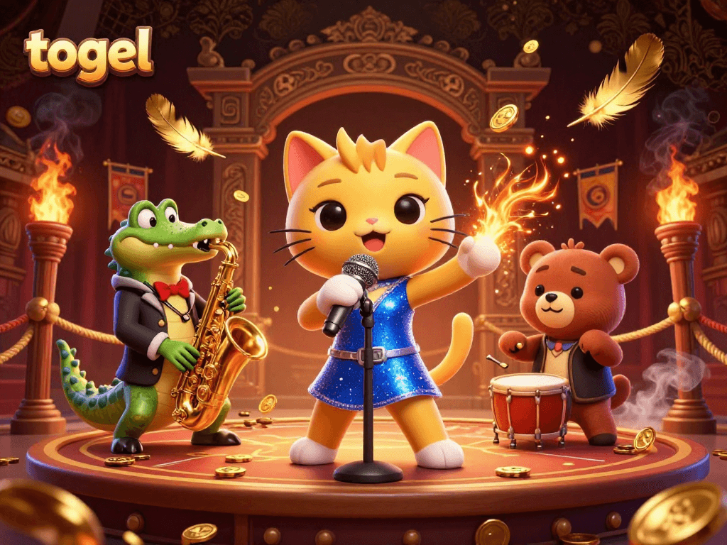 Watch the togel scene come alive with a jazzy cat, a crocodile, and a bear enjoying the casino vibe.
