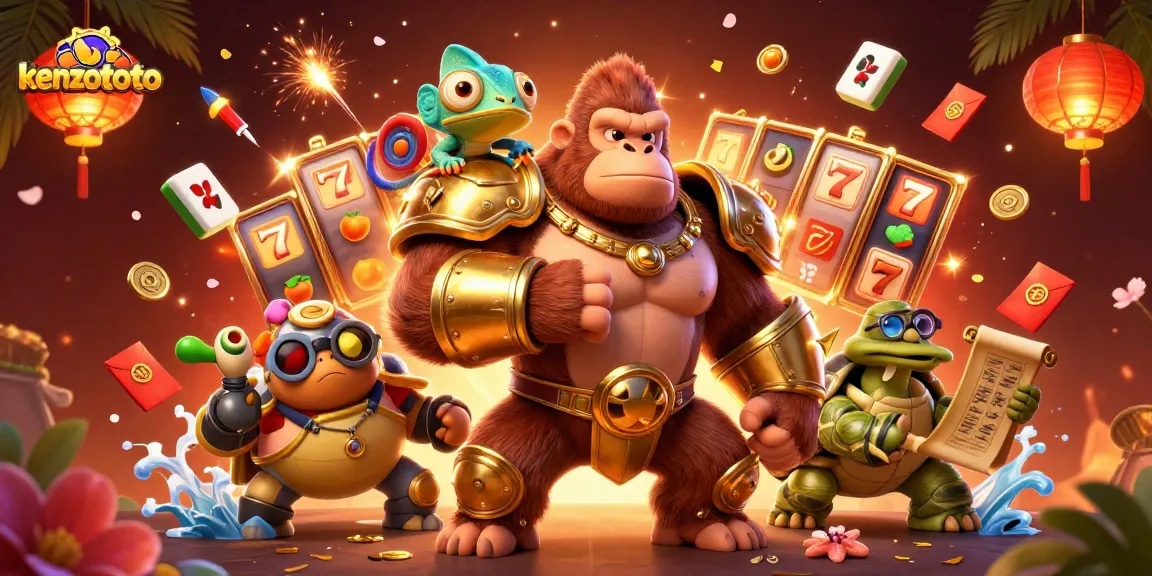 Kenzototo gorilla king spins slot reels in a vibrant 3D casino scene.