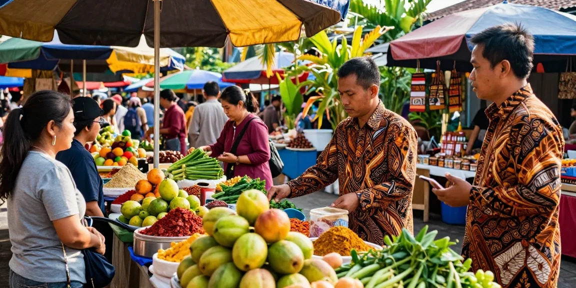 Pemandangan pasar tradisional dengan rajatogel dan suasana ramai.