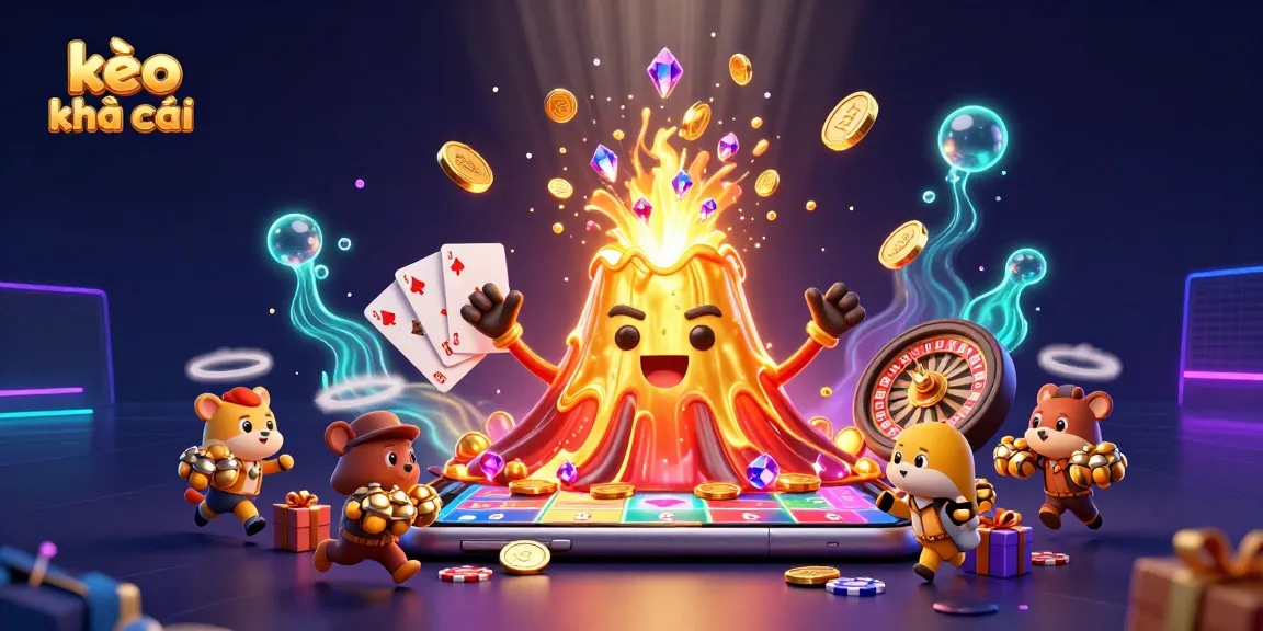 Experience thrilling kèo nhà cái action with a golden volcano erupting treasure amidst vibrant casino elements.