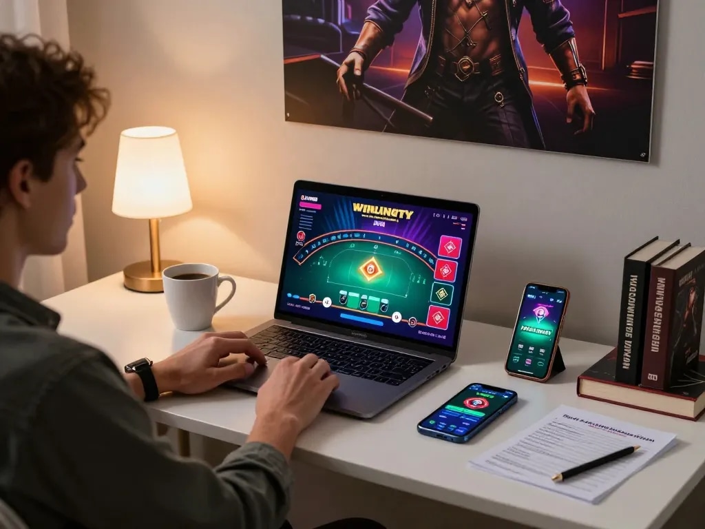 CasinoAtlas user managing bankroll while playing poker online in a stylish setup.