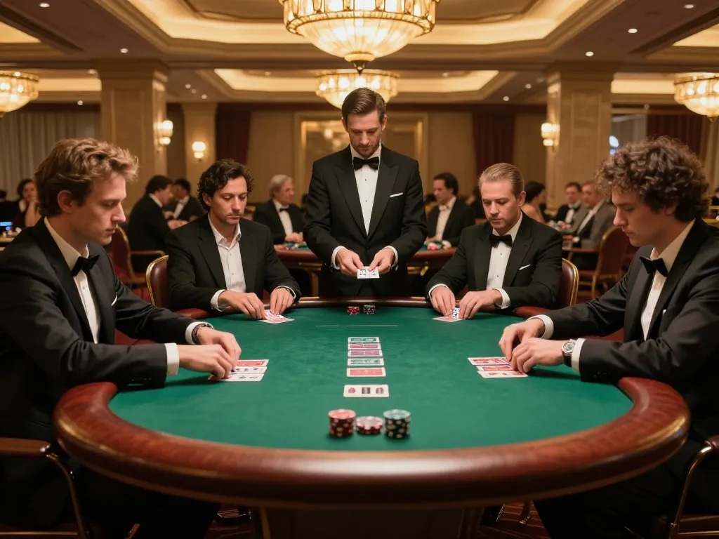 Keluaran togel hongkong singapore dalam permainan poker yang intens di kasino mewah, menampilkan pemain yang fokus dan kartu komunitas.