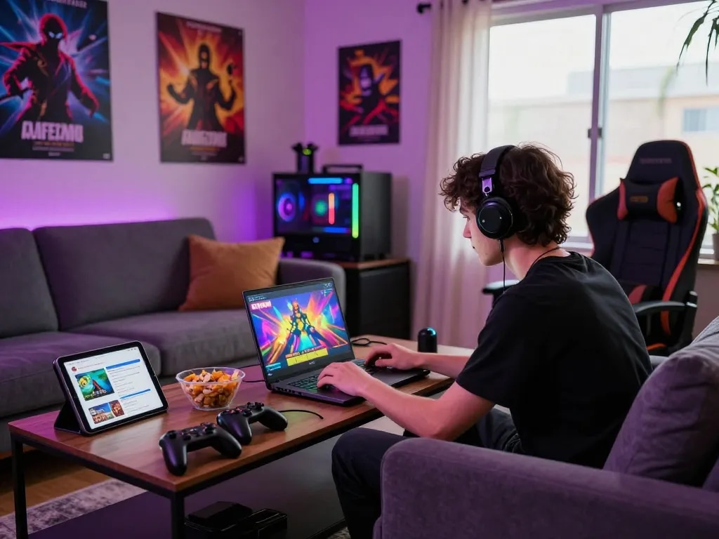 Engaged player enjoying a porngame on a laptop in a cozy gaming setup.