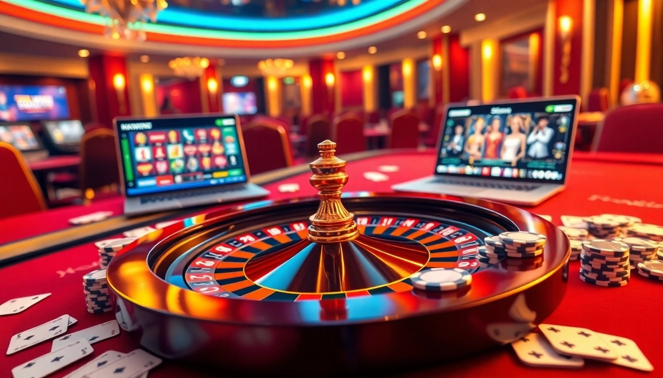 Experience thrilling gambling at https://kkwin.diy/ with an elegant casino scene illustrating poker chips and a roulette table.