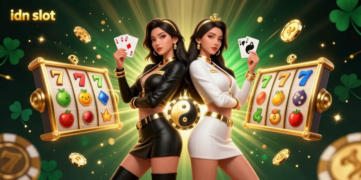 Experience the excitement of idn slot with twin Asian women showcasing powerful playing card skills amid vibrant slot elements.