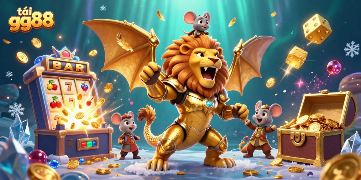 Experience the excitement of tải gg88 with a thrilling jackpot scene featuring a golden chimera, slot machine, and dazzling treasures.