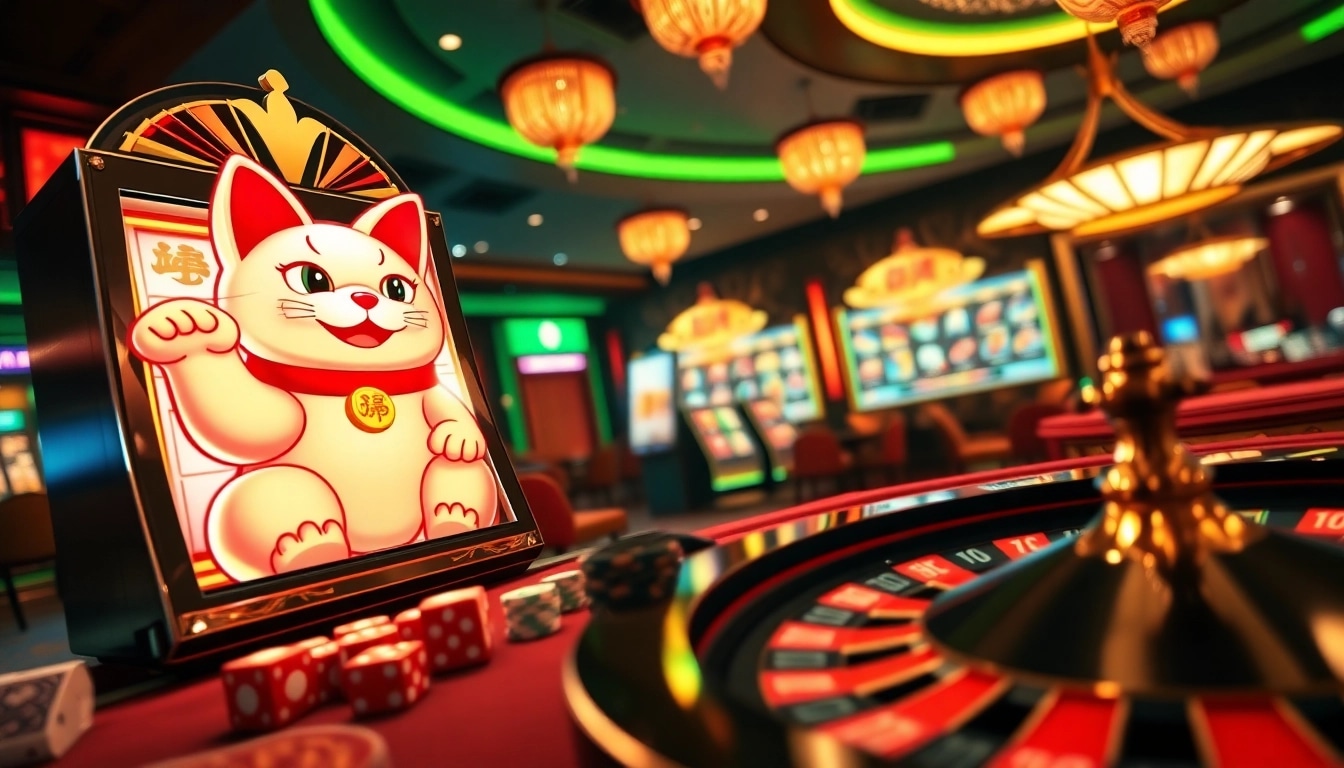Experience excitement with the Lucky Neko PG Soft รับสปินฟรี slot machine, showcasing vibrant casino elements.