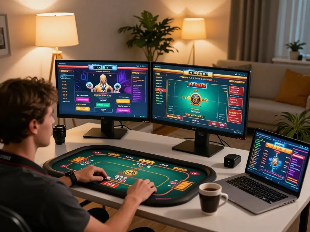 Sunwin player enjoying a dynamic online poker game setup in a cozy home environment.