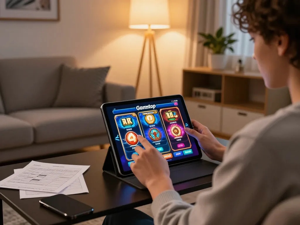 Playing slots not on Gamstop on a tablet in a cozy home environment, showcasing responsible gaming.