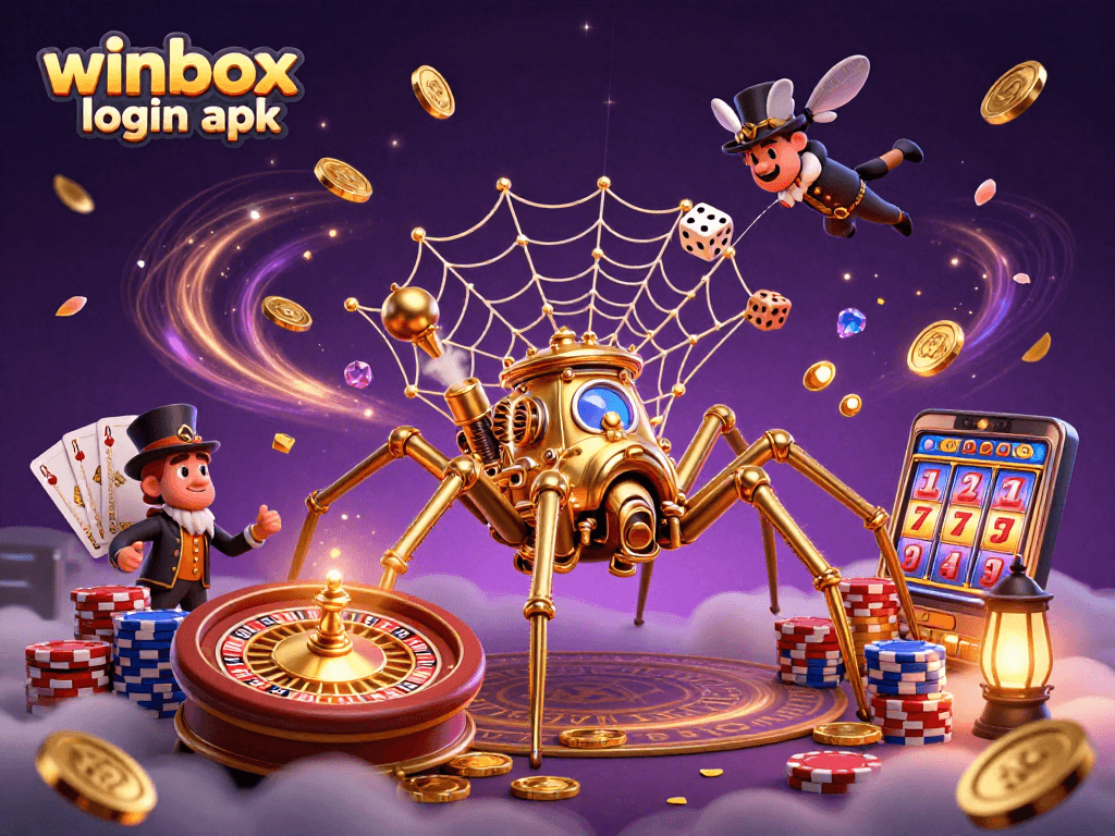 Experience thrilling gameplay with winbox login apk as a steampunk spider weaves golden chains and catches dice.