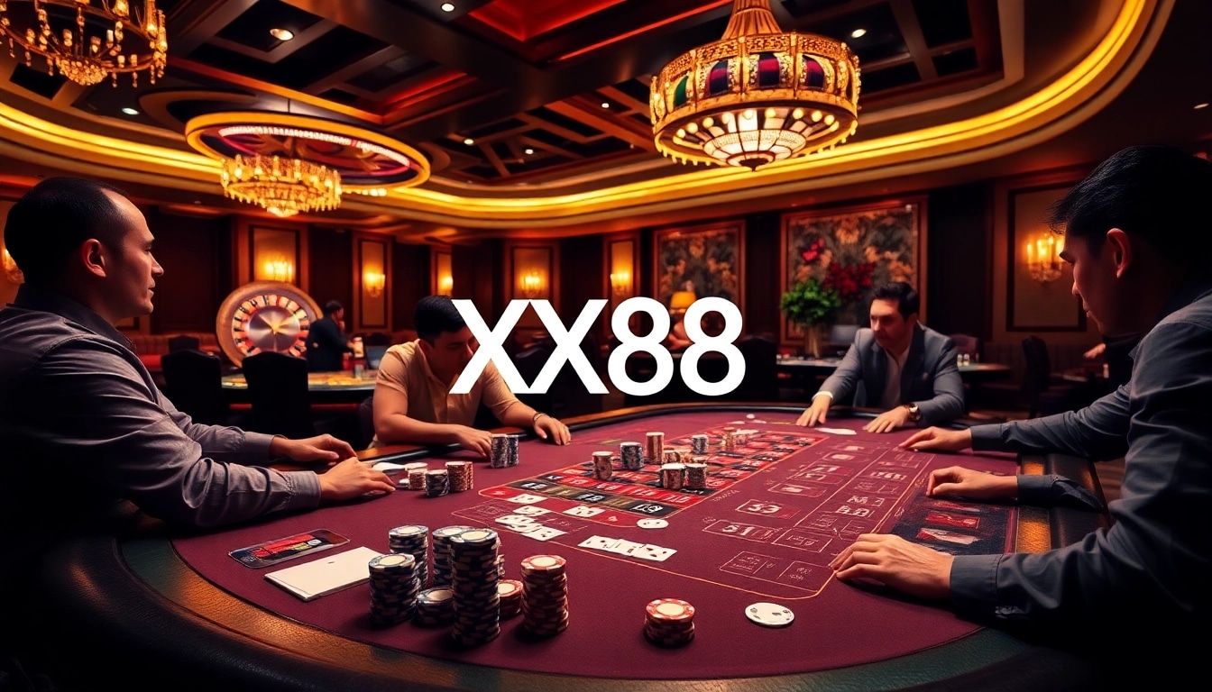 Players strategizing their bets at a poker table in the exciting XX88 casino atmosphere.