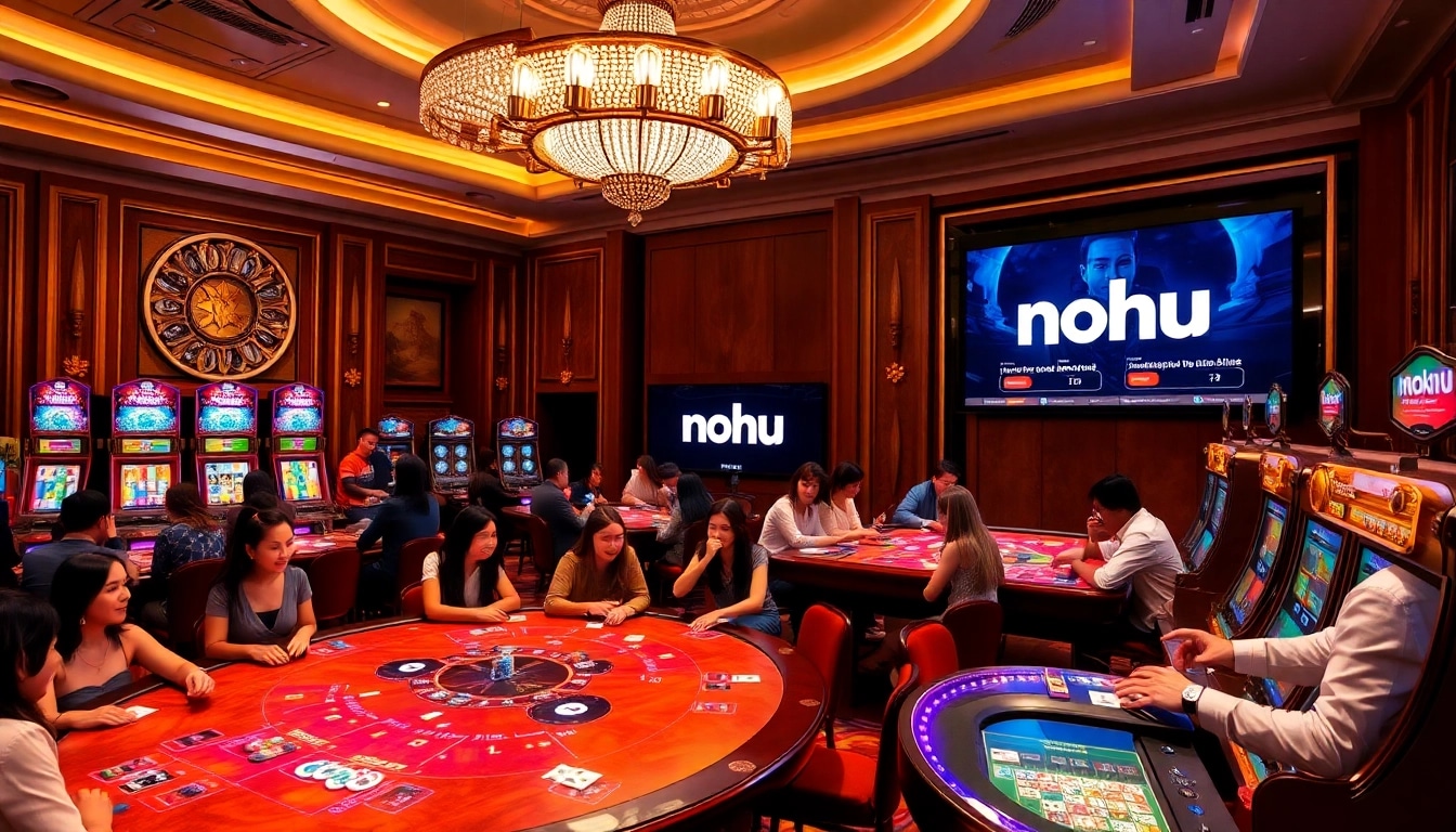 Nohu players enjoying thrilling slot machines and poker tables in a vibrant casino atmosphere.