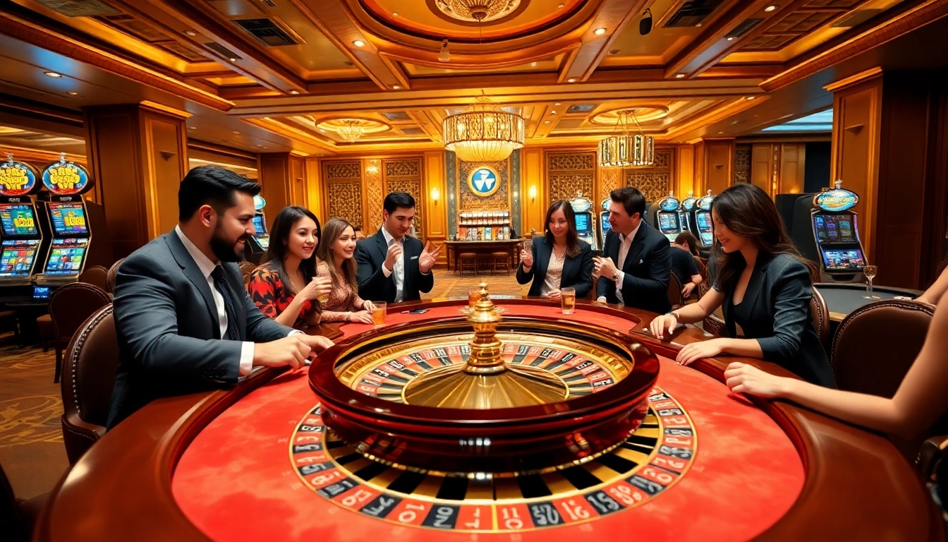 A thrilling rr88 gaming experience at a luxurious casino with players excitedly betting at a roulette table.