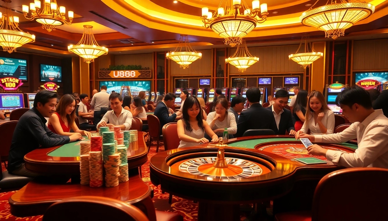 A lively U888 casino scene with colorful poker chips, excited players at tables, and a glowing roulette wheel.