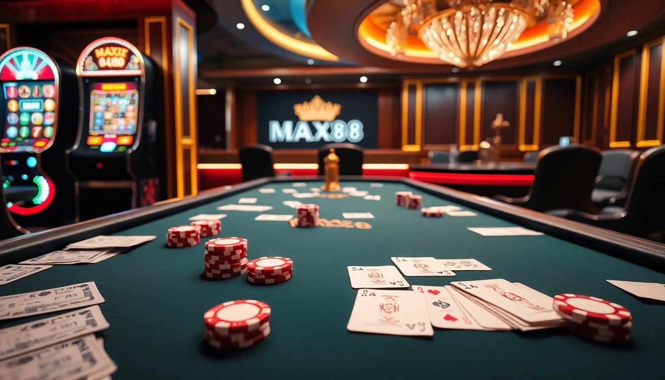 Experience the excitement of max88 at a luxurious casino poker table with vibrant chips and cards.