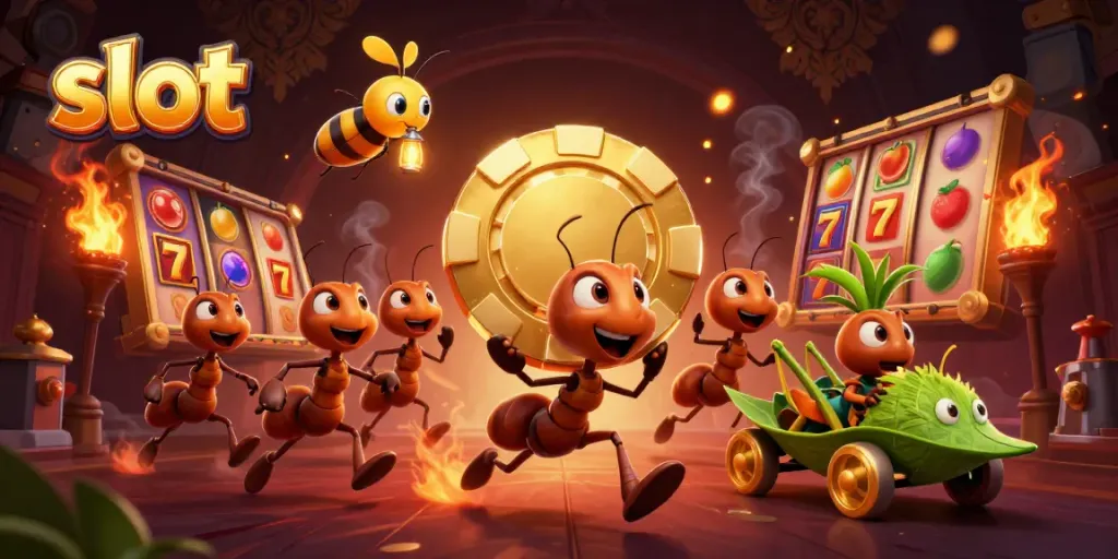 Tim semut 3D berjibaku mencuri chip poker emas di dunia slot, penuh simbol keberuntungan.
