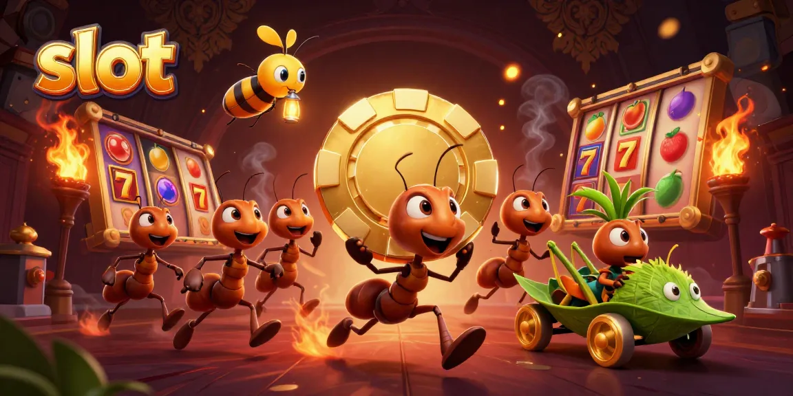 Tim semut 3D berjibaku mencuri chip poker emas di dunia slot, penuh simbol keberuntungan.