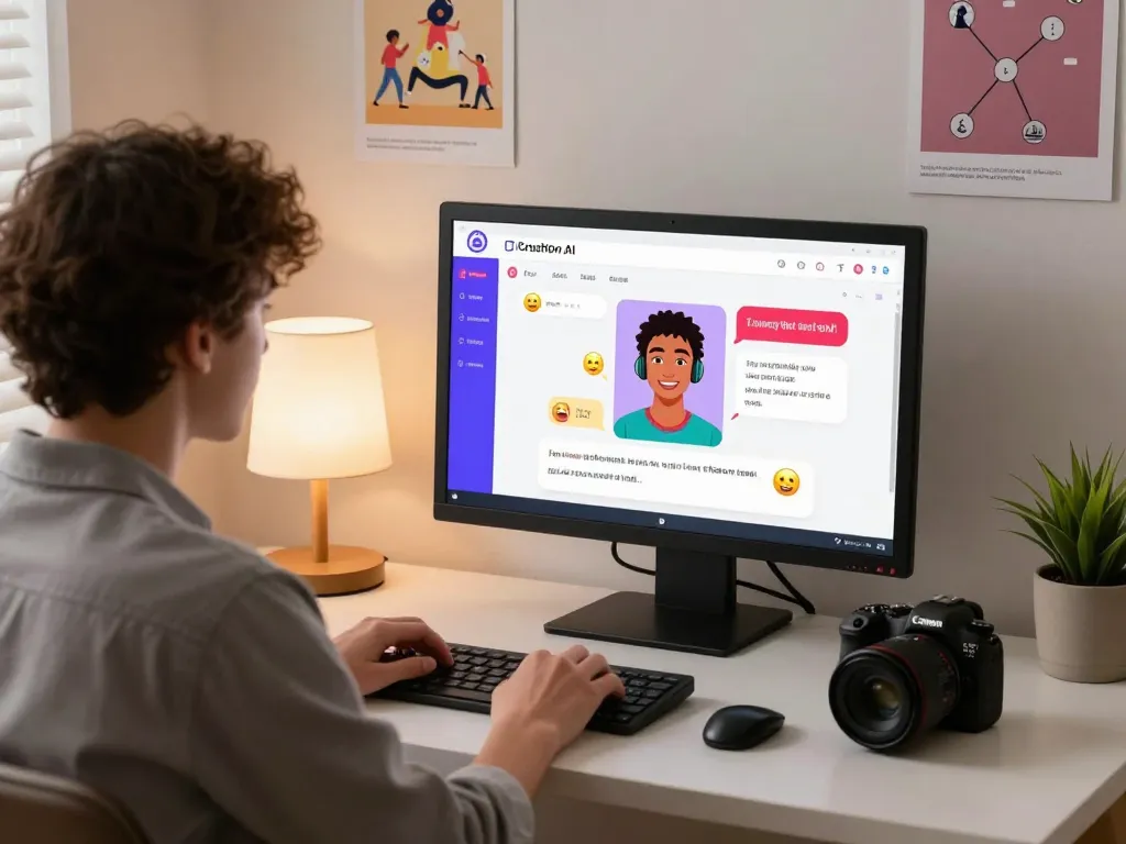 Engaging nsfw chat scene with interactive AI character on screen at modern workspace.