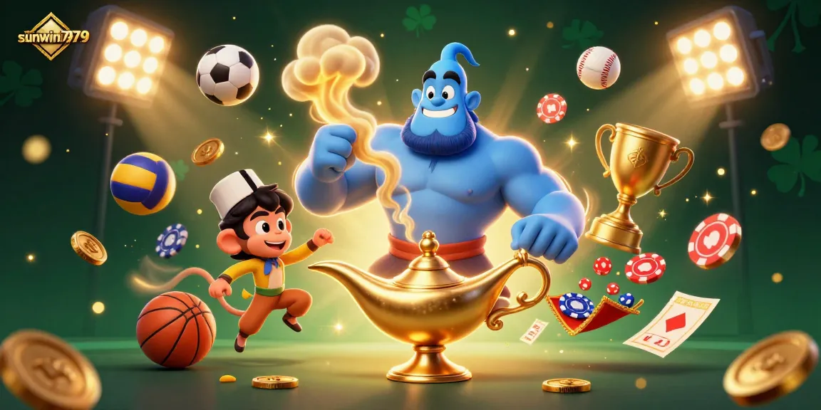 Bet on thrilling experiences with sunwin7979, where a genie, monkey, and poker chips light up the casino.