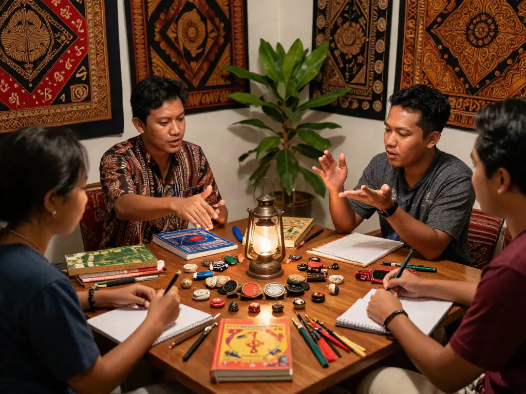 Penggunaan bukumimpi138 dalam interpretasi mimpi oleh sekelompok teman dengan buku dan talisman tradisional.