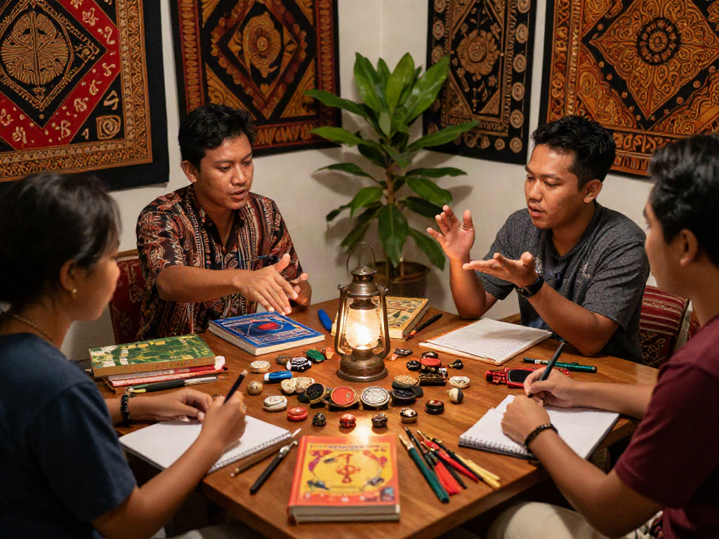 Penggunaan bukumimpi138 dalam interpretasi mimpi oleh sekelompok teman dengan buku dan talisman tradisional.