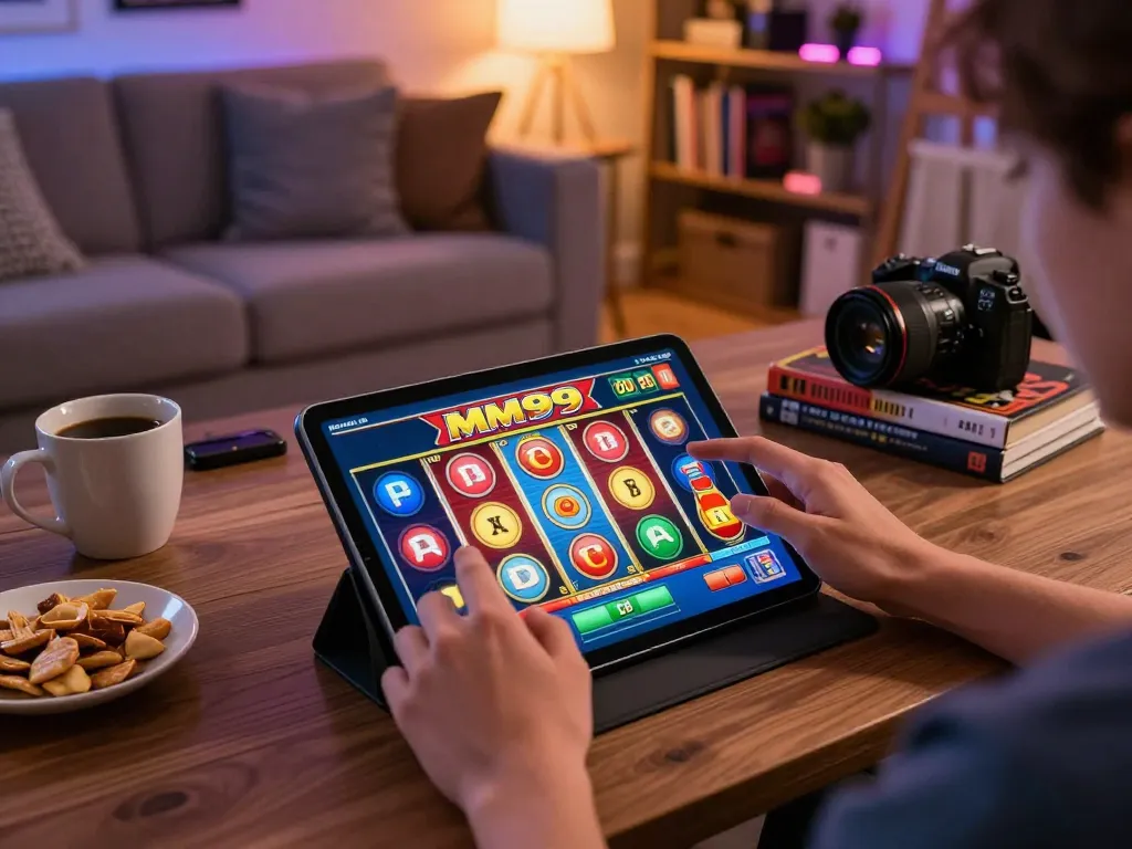 Engaged player spinning MM99 Slot reels on tablet in a cozy living room setting, showcasing dynamic online gaming experience.