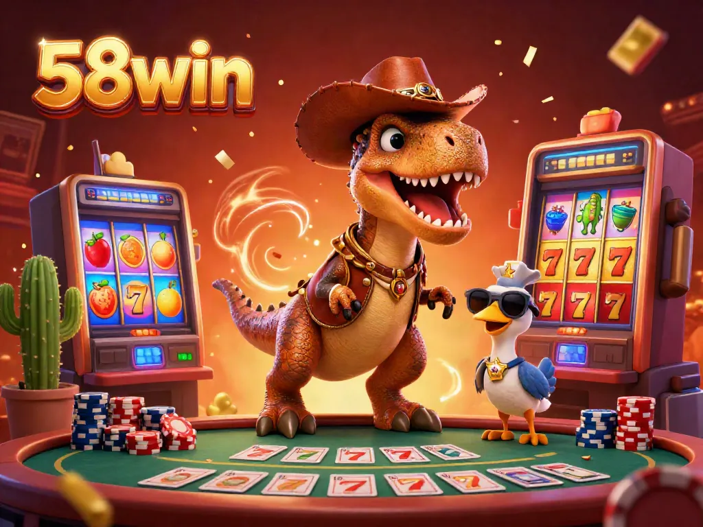 Engage in thrilling gameplay at 58win with colorful slot reels, T-Rex cowboy, and festive elements.