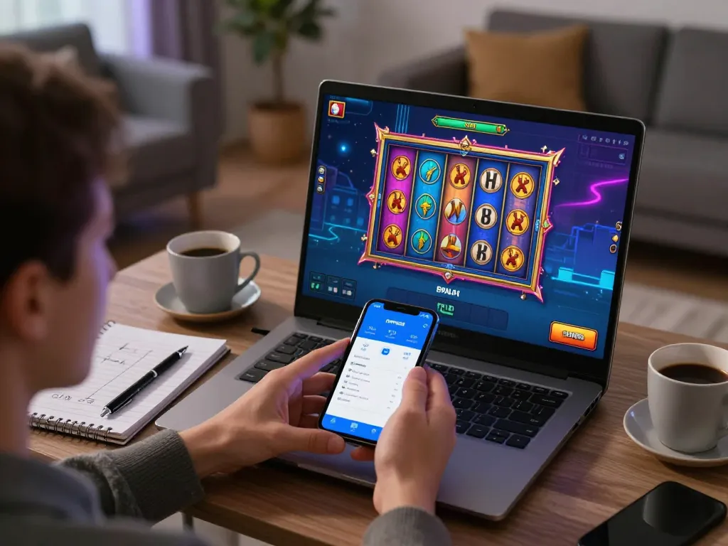 FAFA828 player enjoying a vibrant slot machine game on mobile, showcasing an engaging home gaming environment