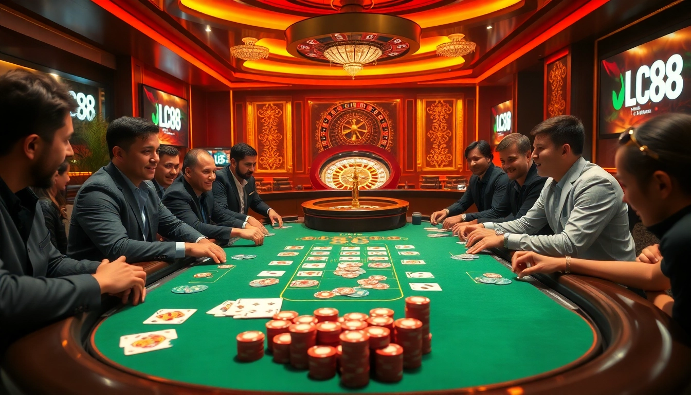 Engage in an exciting poker game at LC 88's luxurious casino table, filled with vibrant chips and cards.