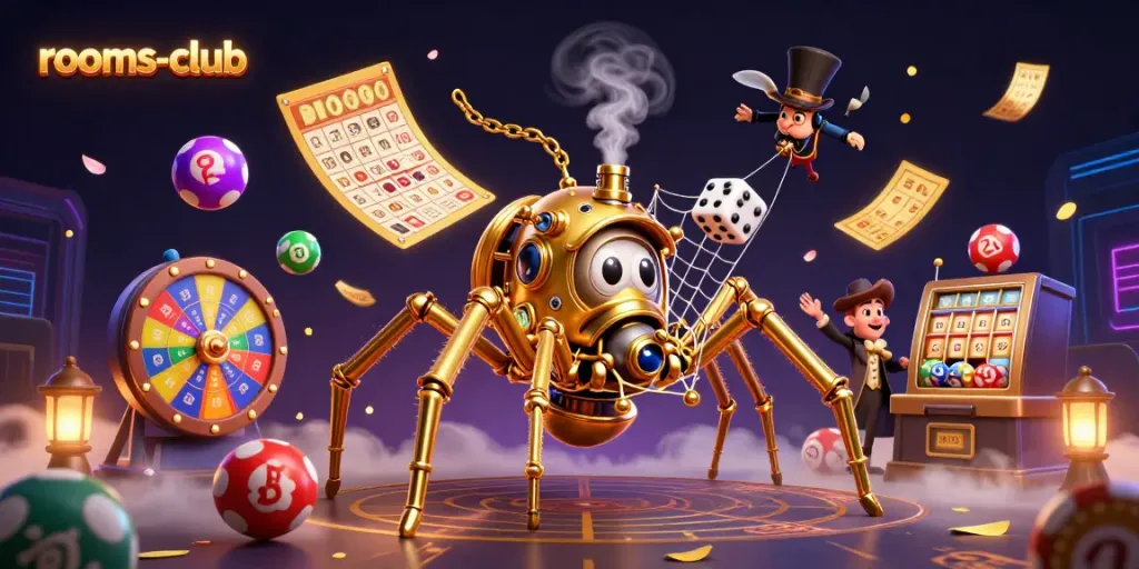 Menggambar suasana meriah di rooms-club dengan laba-laba steampunk dan bola undian berwarna-warni yang bergerak aktif.