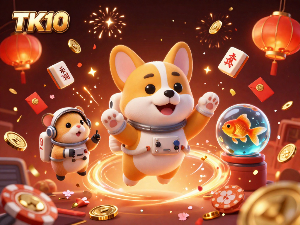 Experience thrilling wins at TK10 with vibrant casino elements floating in a dynamic 3D scene.