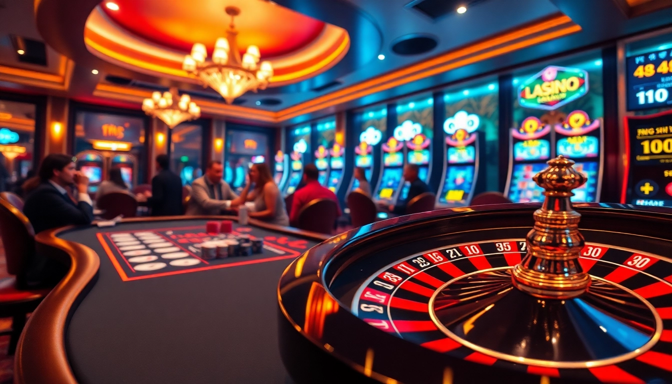 Engaging scene on Trang chủ ok8386 with casino players at a poker table and roulette wheel, showcasing excitement.