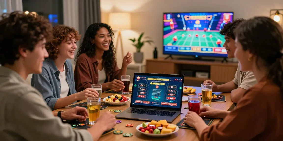 Friends engaged in a fun gaming night at home, exploring casinos that accept credit cards on a laptop.
