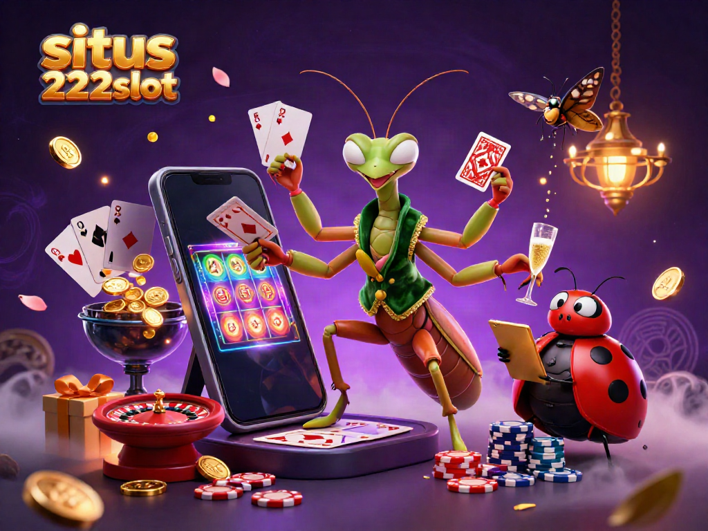 Kartun 3D situs 222slot menunjukkan karakter kasino yang asyik bermain dan merayakan, menampilkan slot game dan koin emas.