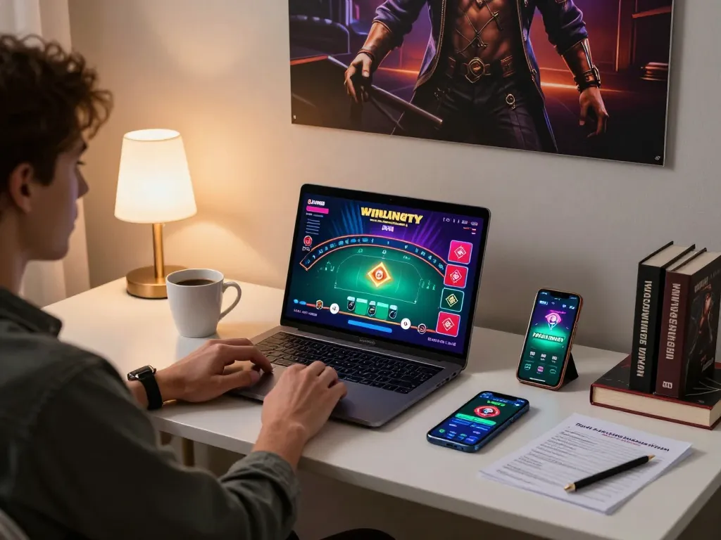 CasinoAtlas user managing bankroll while playing poker online in a stylish setup.