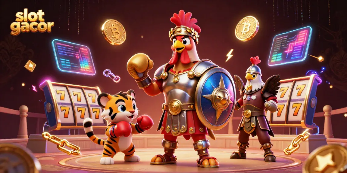 Experience slot gacor with an exciting colosseum scene featuring a gladiator rooster and jackpot elements.