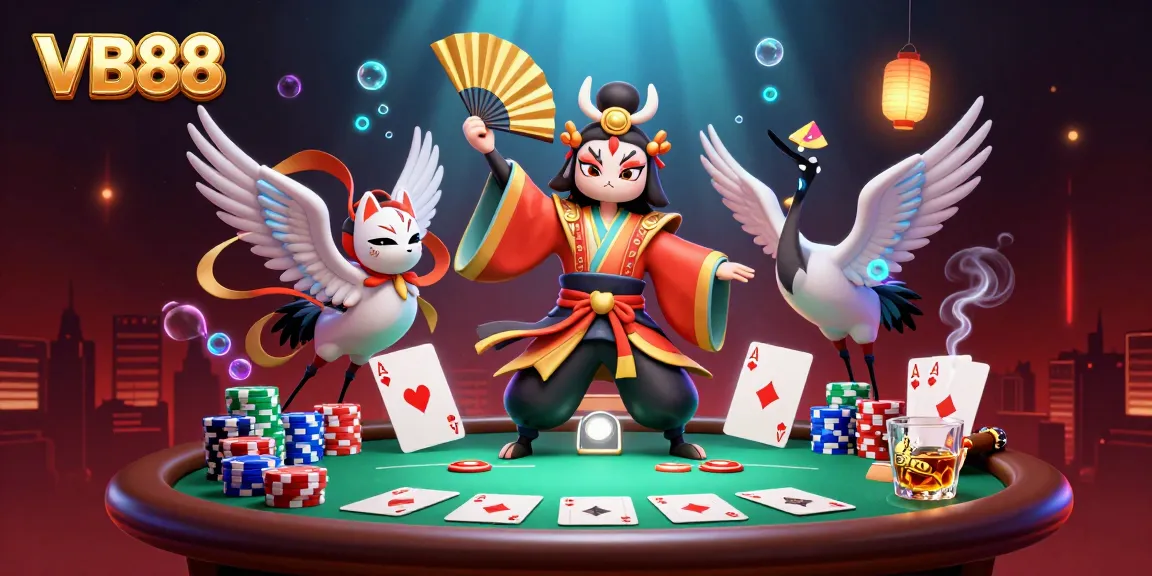 Engage with VB88 at an illustrated poker scene showcasing vibrant characters and intense gameplay.