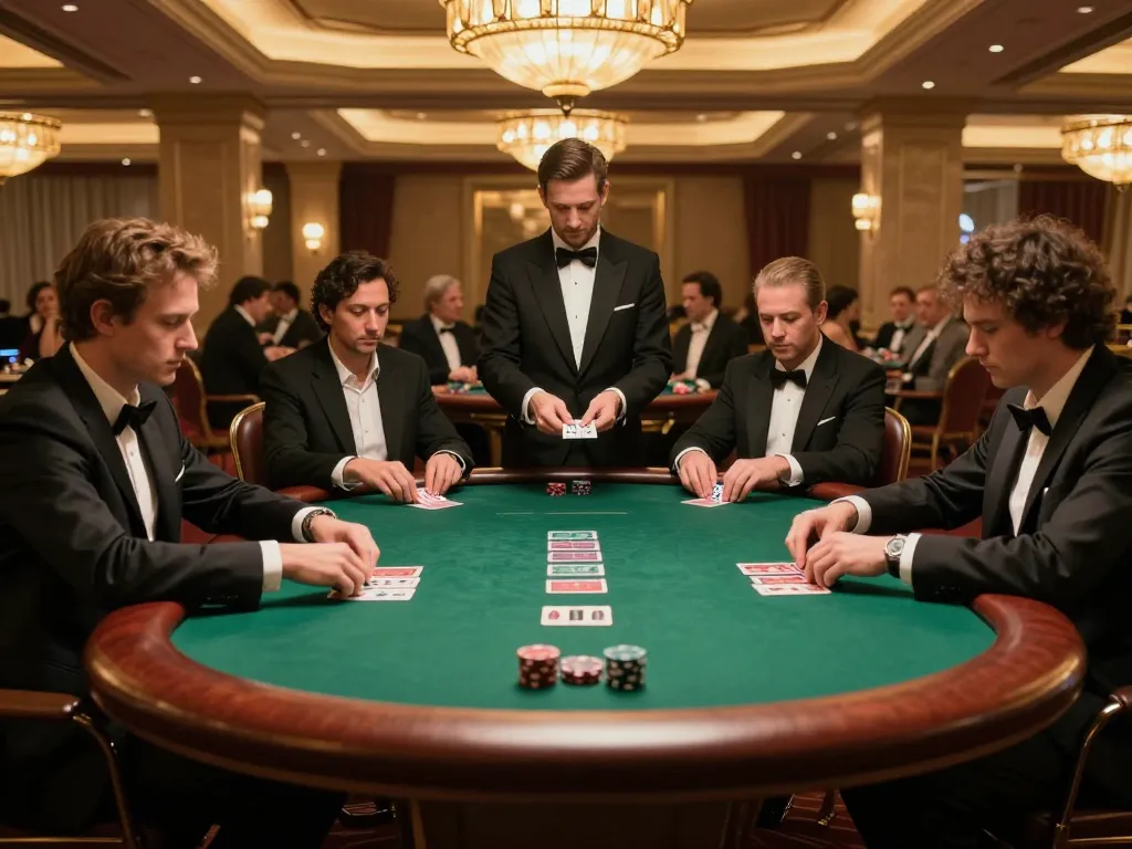 Keluaran togel hongkong singapore dalam permainan poker yang intens di kasino mewah, menampilkan pemain yang fokus dan kartu komunitas.