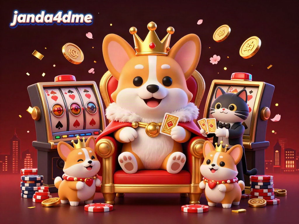 Permainan janda4dme menampilkan corgi kerajaan dengan mahkota emas di kursi poker, dikelilingi elemen kasino.