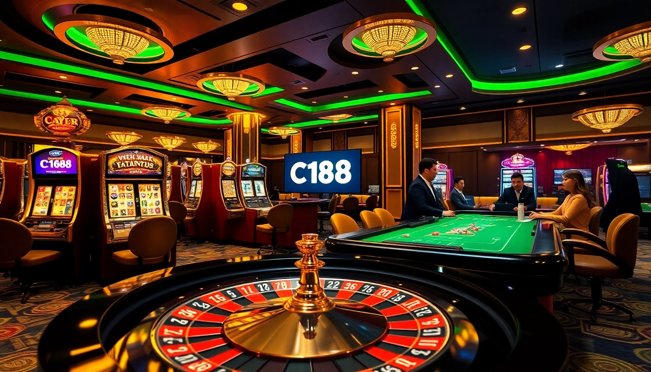 Dynamic casino gaming scene illustrating khuyến mãi C168 excitement with players at roulette tables and slot machines.