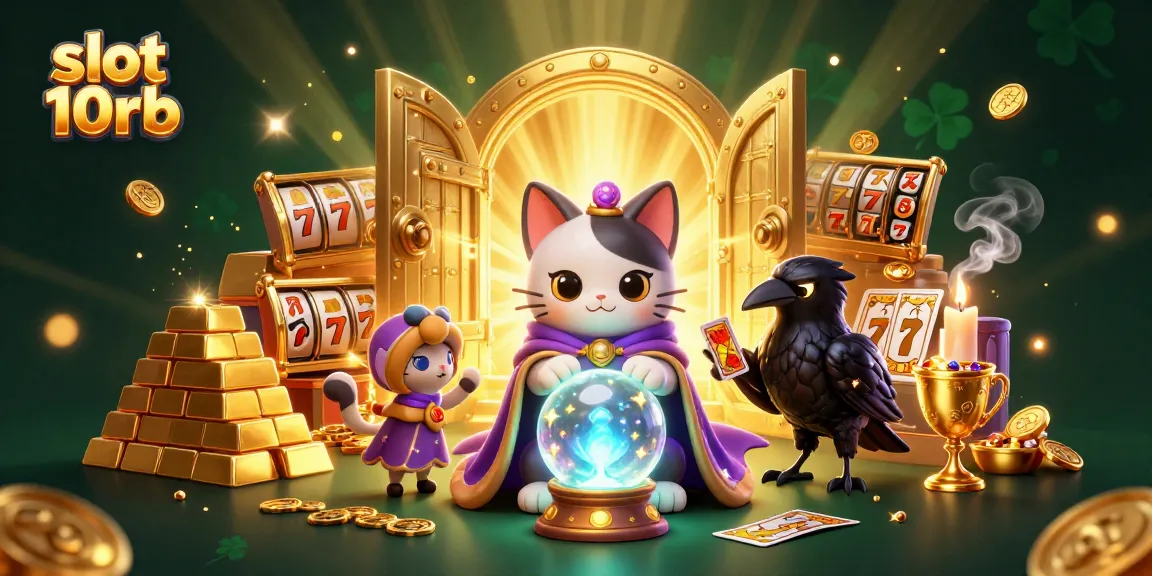 Play thrilling slot 10rb games amidst gold bars and lucky symbols in a mystical scene.