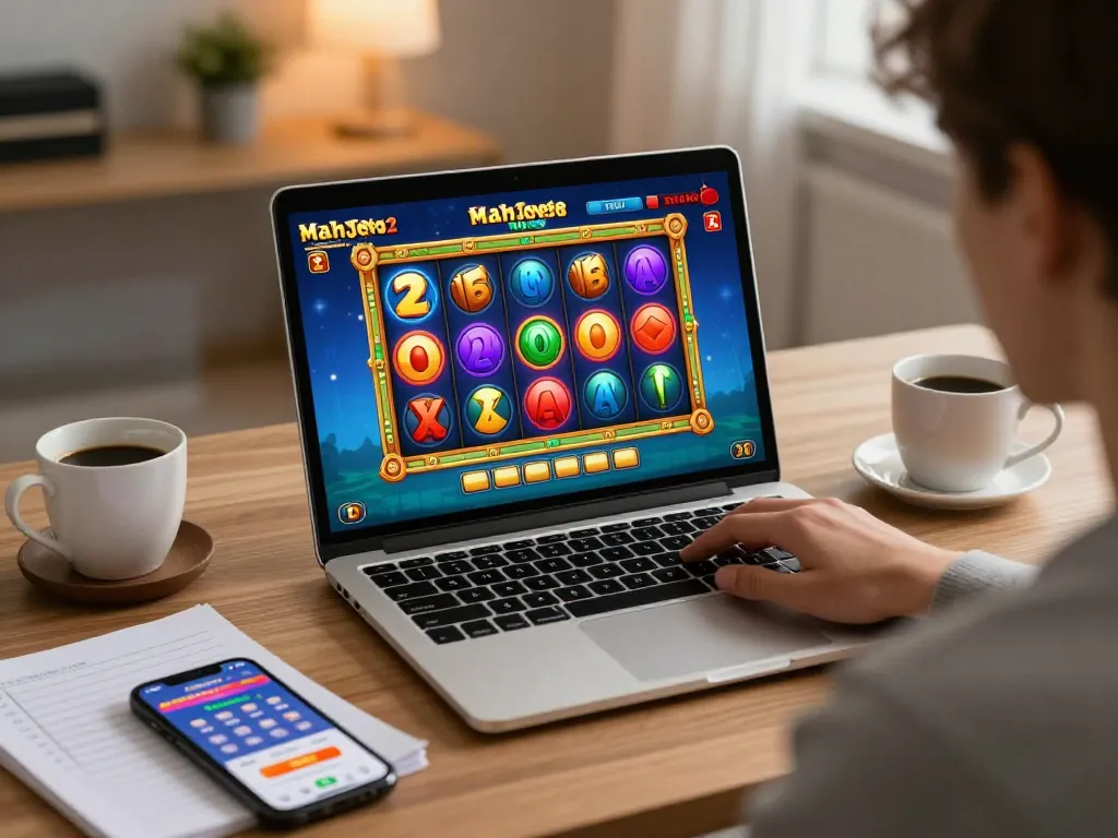 Engaging gameplay of Mahjong Ways 2 slot game on a laptop, showcasing vivid spinning reels and betting strategy.