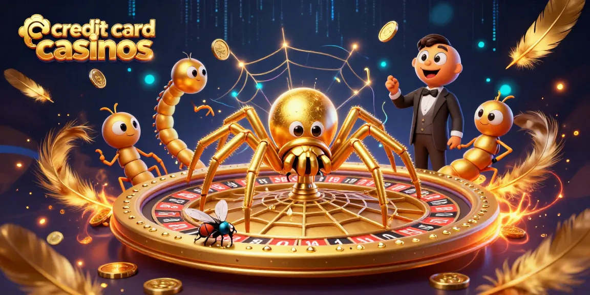 Engaging scene of credit card casinos with a golden spider, a betting fly, and a centipede croupier.
