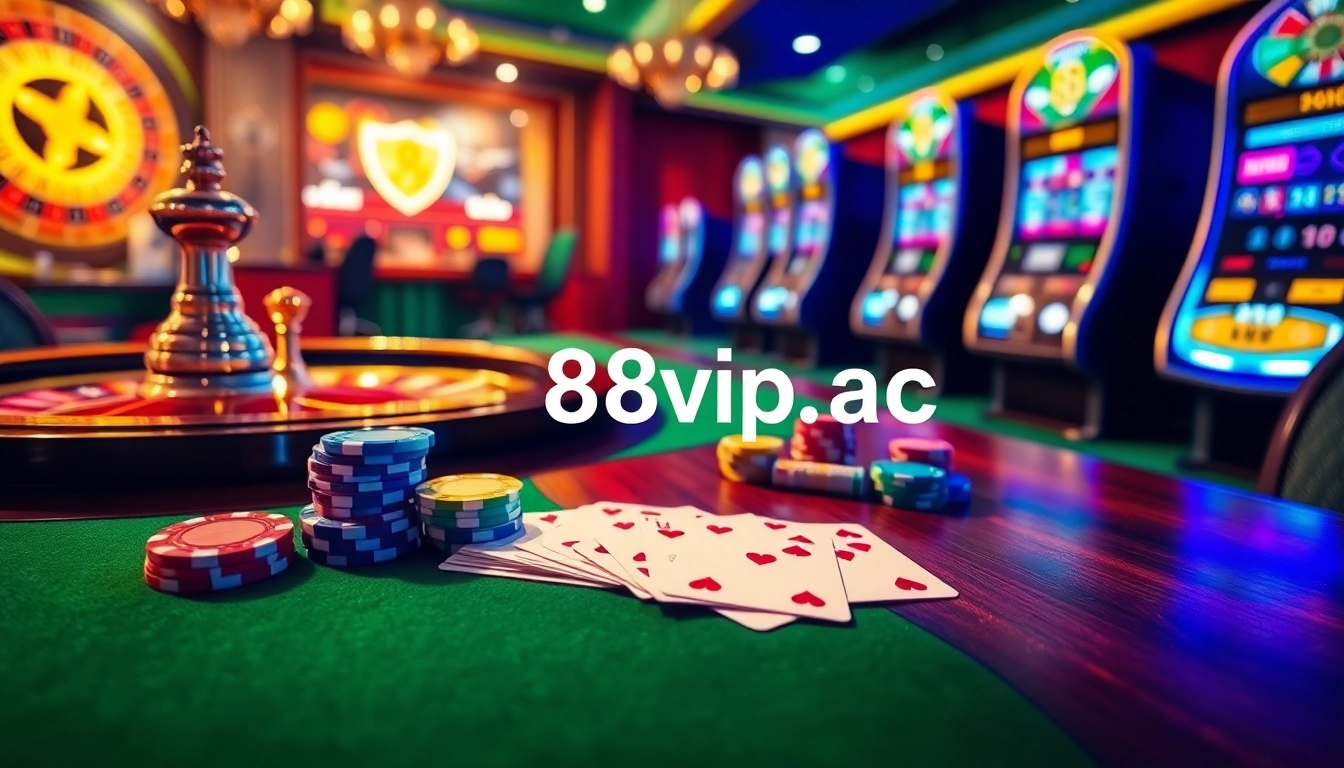 Experience the thrill of online gambling with https://68vip.ac/ showcasing vibrant casino elements like poker chips and roulette wheels.