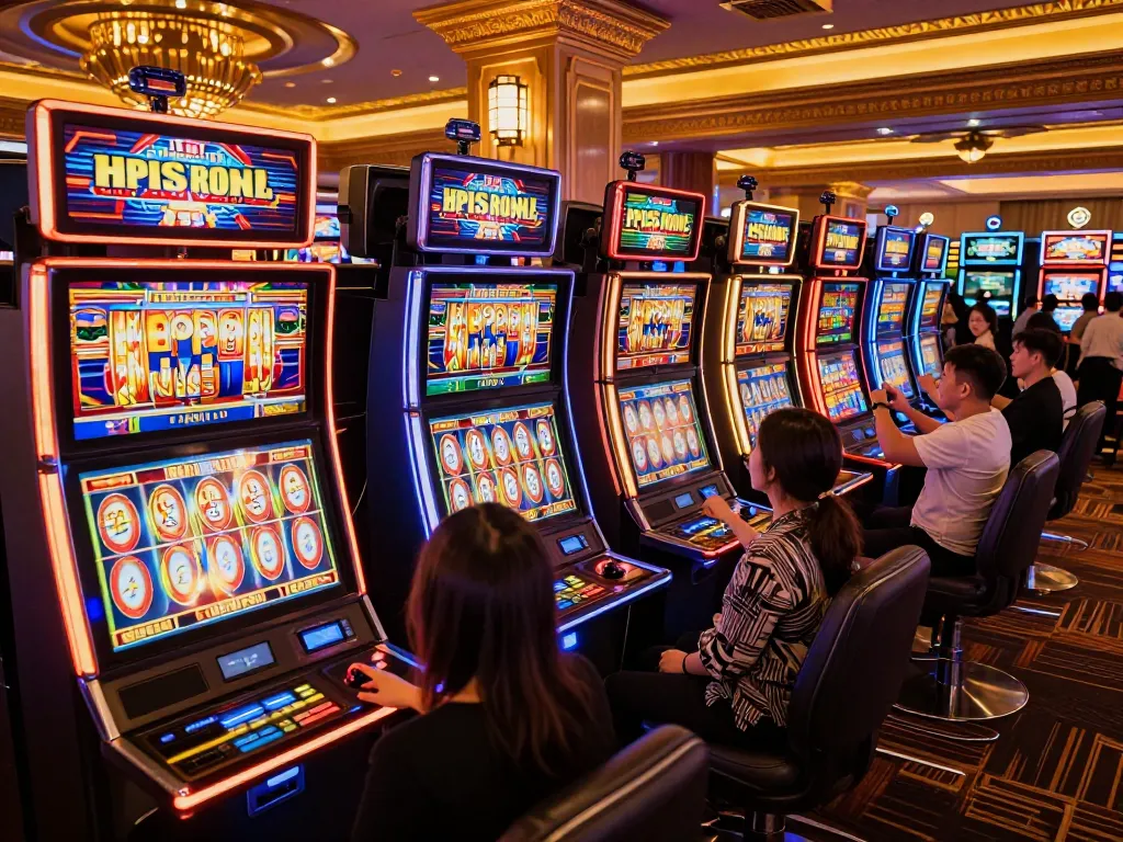 Players celebrating wins at vibrant slot machines, showcasing exciting slot gameplay action.