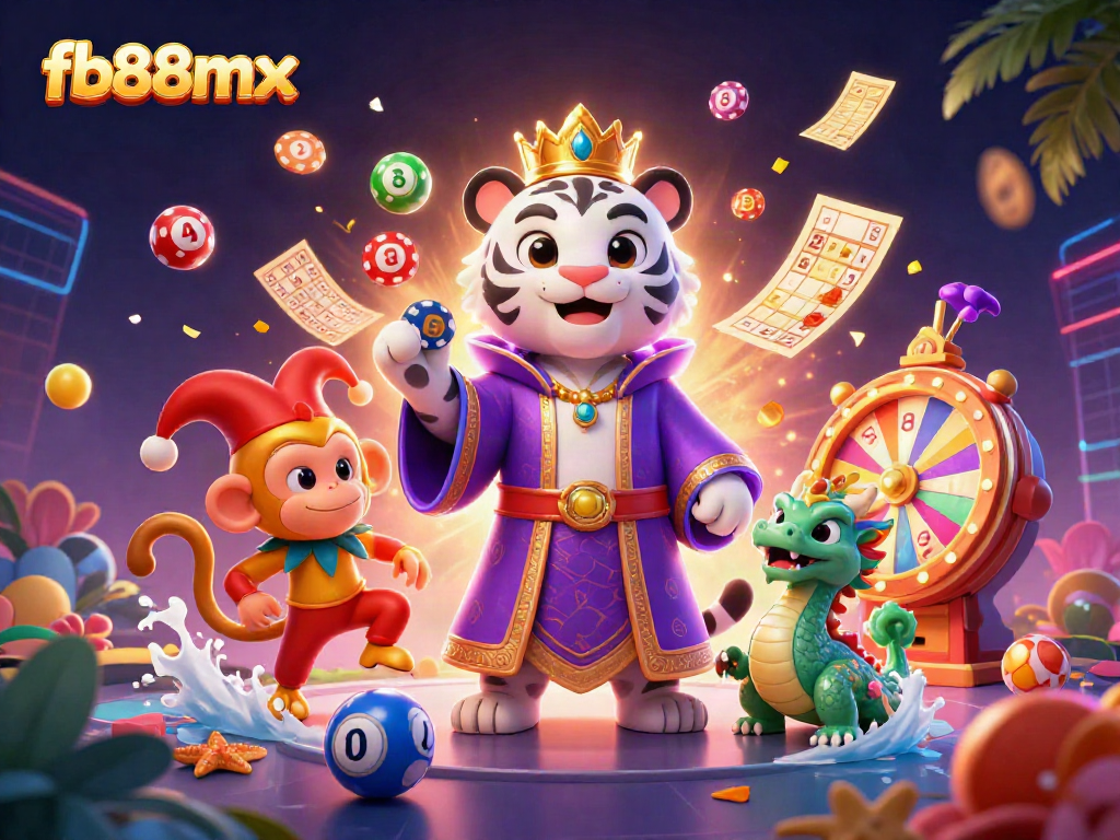 Engage with vibrant 3D scenes depicting fb88mx's lively casino atmosphere, featuring a majestic white tiger, playful monkey, and jade dragon.