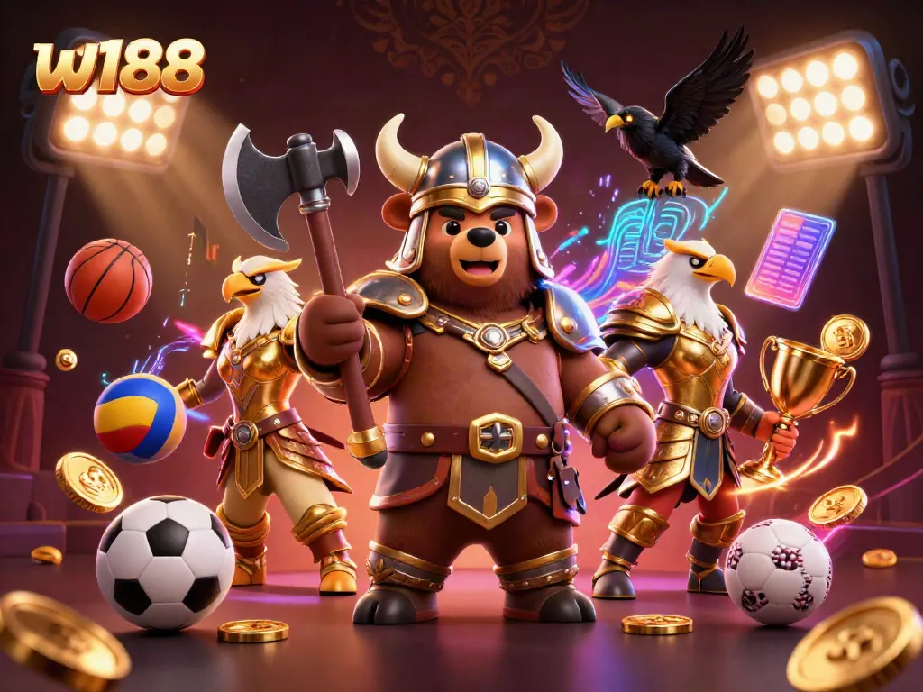 Engage with thrilling w188 gaming adventures featuring a Viking bear, Valkyrie eagle, and dynamic sports elements.
