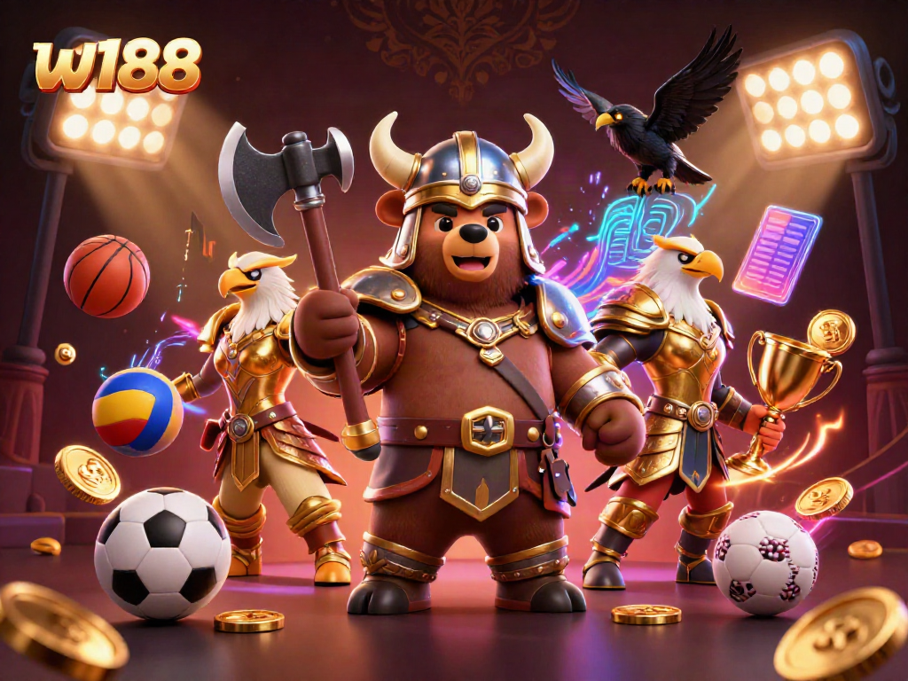 Engage with thrilling w188 gaming adventures featuring a Viking bear, Valkyrie eagle, and dynamic sports elements.